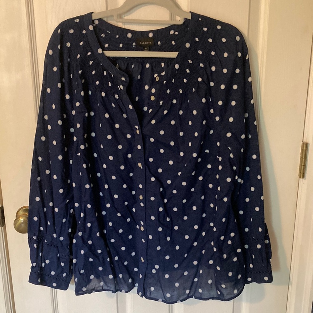 Talbots Blue and White Polka Dotted Long Sleeved Button Up Blouse